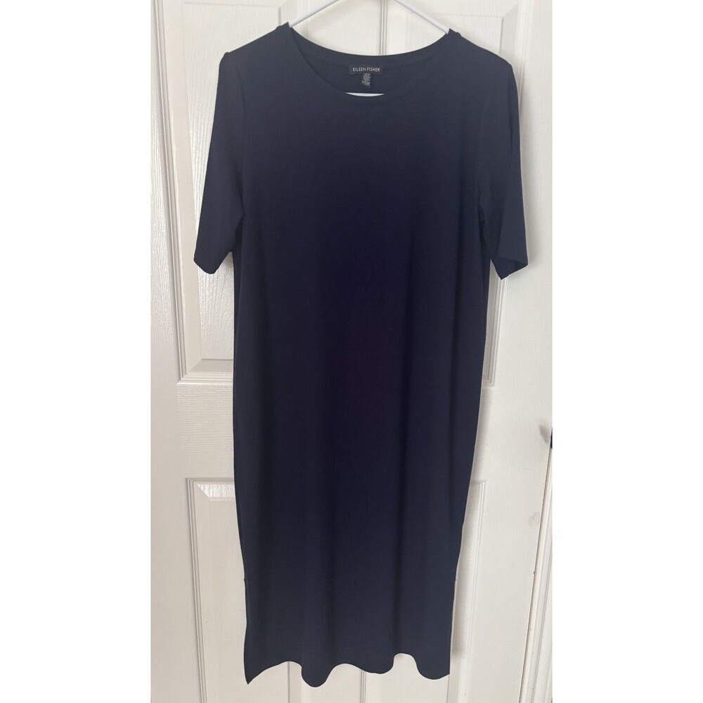 Eileen Fisher Dress Navy Blue Short Sleeve Midi Stretch Jersey Pockets Small